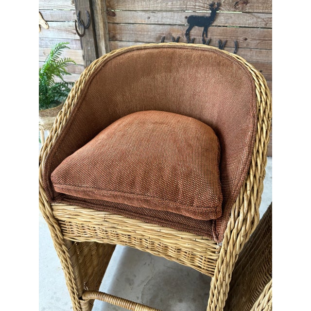 Wood Pair 1980’s Coastal Large Braid Rattan Bar Stools For Sale - Image 7 of 11
