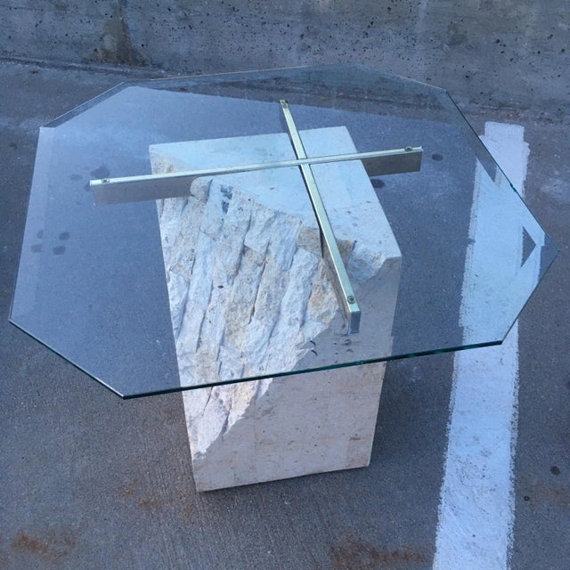 Wood Postmodern Brass & Glass Top Pedestal End Table in Tessellated Stone Style of Maitland Smith For Sale - Image 7 of 12