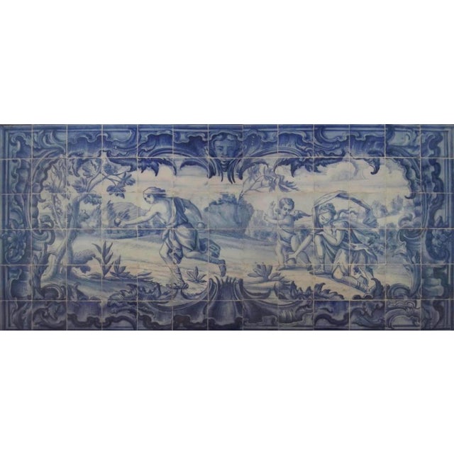 18th Century Portuguese " Azulejos " Countryside Scene" Measures: 184cm x 85cm. 78 tiles This panel is with the tiles...