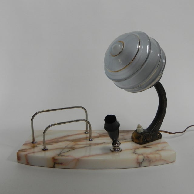 Art Deco Marble, Glass, and Steel Desk Lamp with Pen and Letter Holder, 1930s For Sale - Image 12 of 18