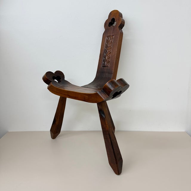 1970s Spanish Brutalist Hand Carved Oak Tripod Chair, 1970s For Sale - Image 5 of 18