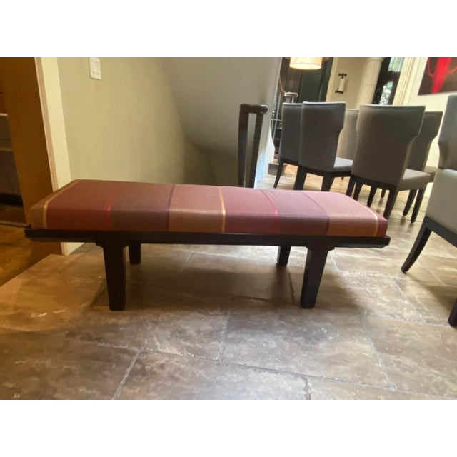 21st Century Transitional Silk and Mahogany Bench purchased from merchandise mart, Jin Ho showroom Striped Silk and...
