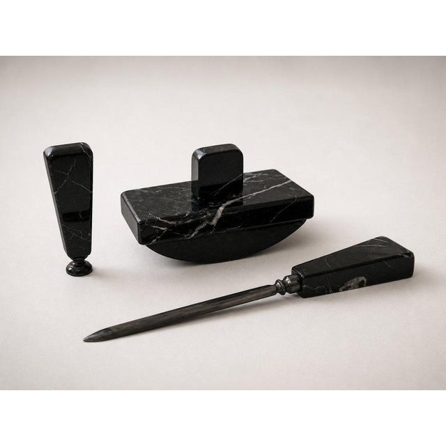 Black Swedish Art Deco Black Marble Desk Set with Terrier Sculpture, 1930, Set of 5 For Sale - Image 8 of 9