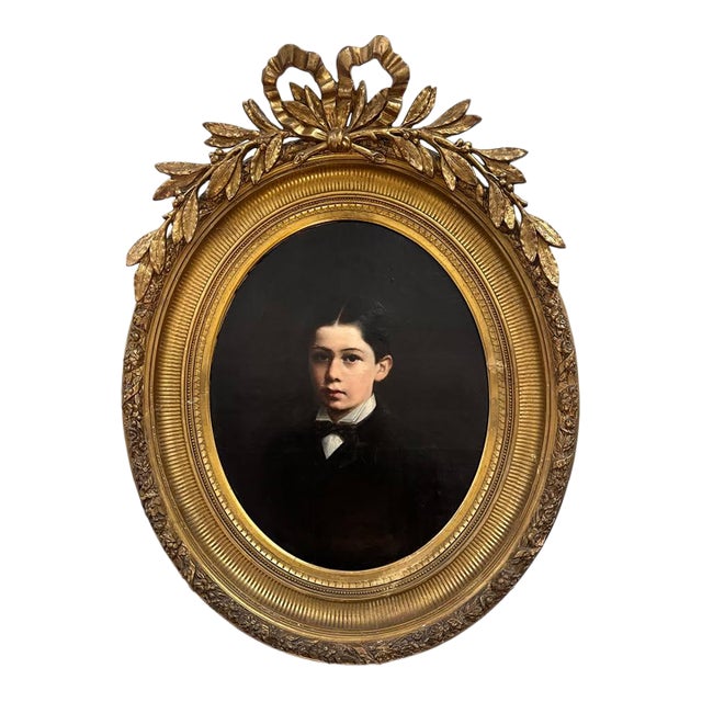 19th-Century Flemish Portrait of a Young Boy in Ornate Giltwood Frame For Sale