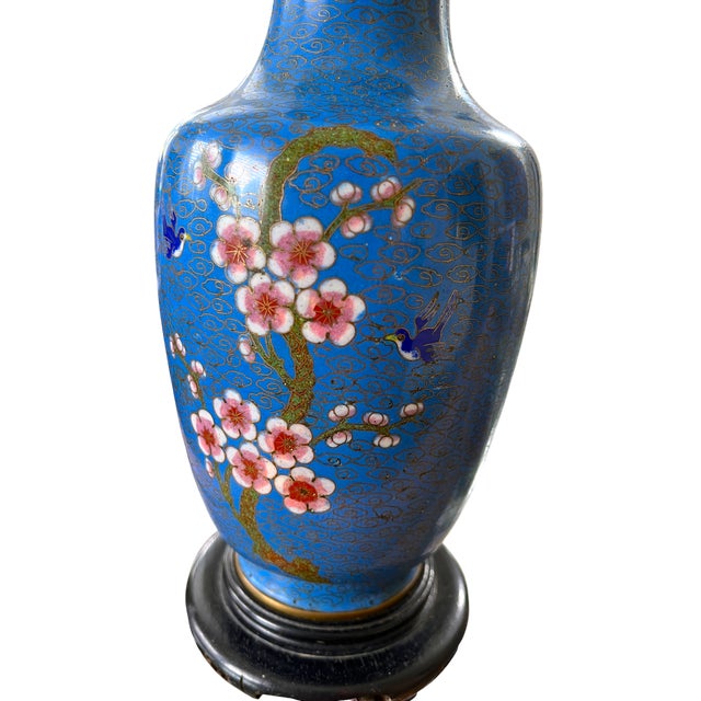 Early 20th Century Antique 19th Century Chinese Cloisonné Vase Lamp With Cherry Blossoms & Swallows on Cobalt Blue Ground, 18" For Sale - Image 5 of 15