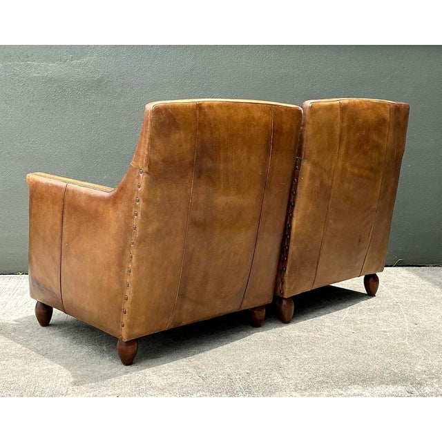Vintage Nailhead Trim Leather Armchairs - Pair For Sale - Image 10 of 12