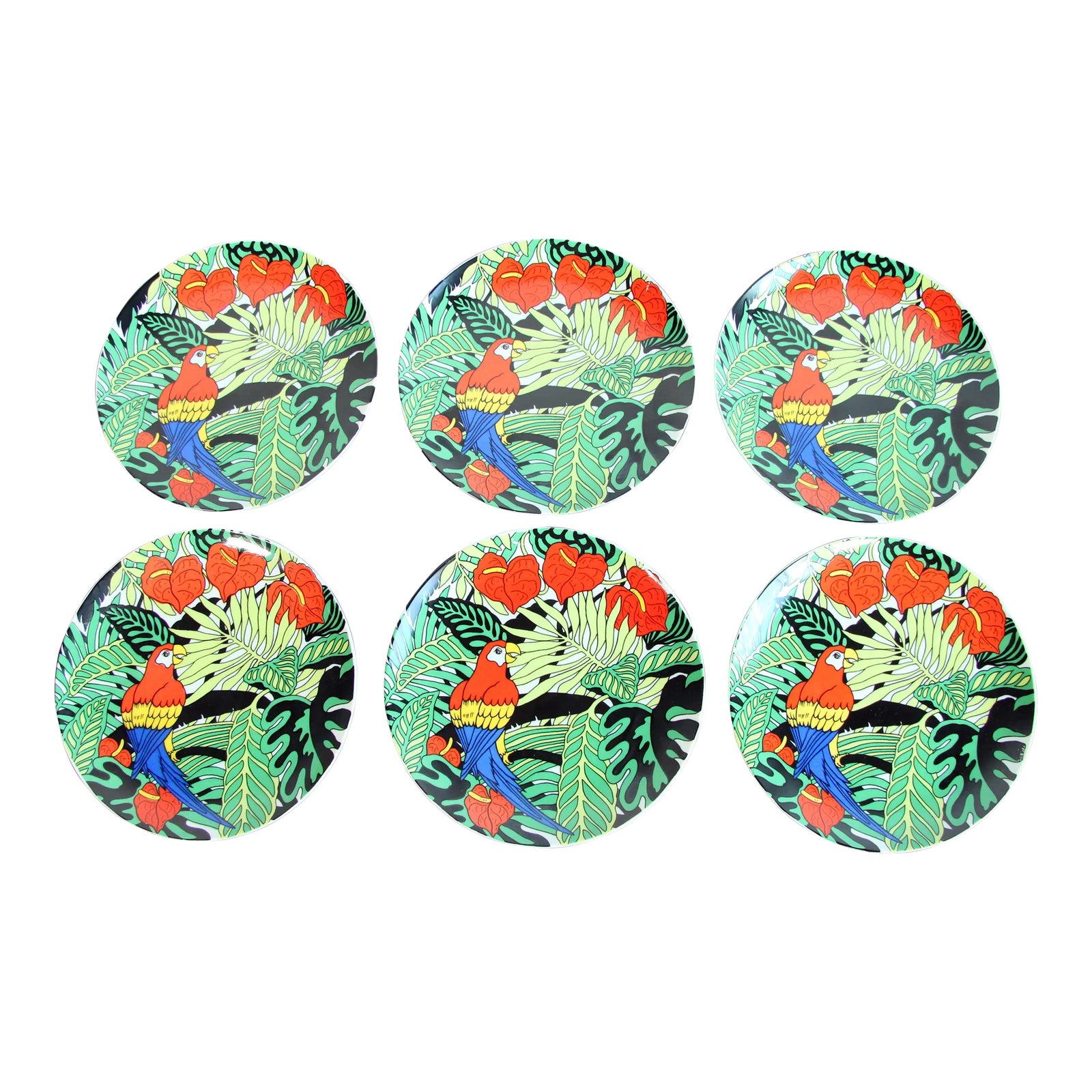 Vintage C.1980's Tropical Parrot Lunch Plates by Copa San Francisco - Set of 6