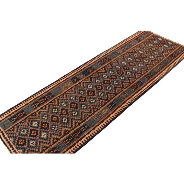 Tribal Handwoven Vintage Turkish Kilim Runner in Gold-Orange, Blue Geometric Pattern For Sale - Image 3 of 5
