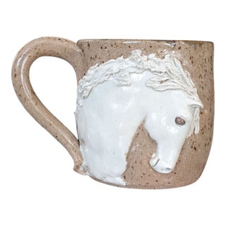 Handcrafted Equestrian Horse Pottery Mug Signed For Sale