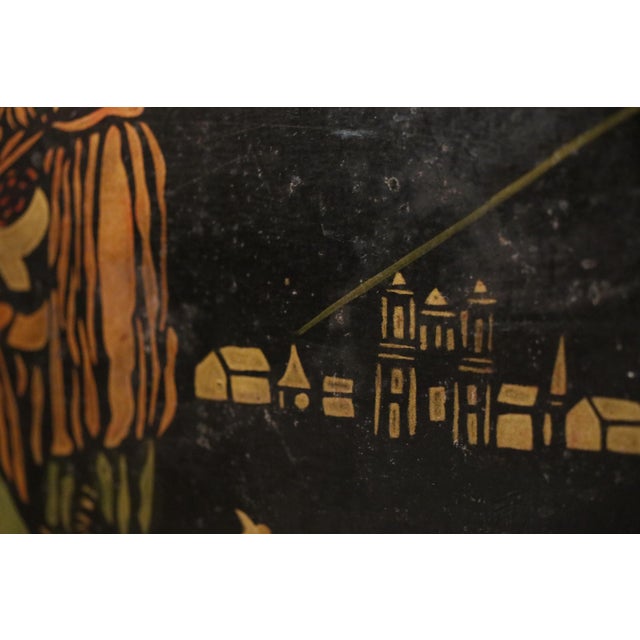 Black Large Hand Painted Toleware Tray Signed S. Callnin 1969 - "The Thunderstorm" Folk Art For Sale - Image 8 of 16