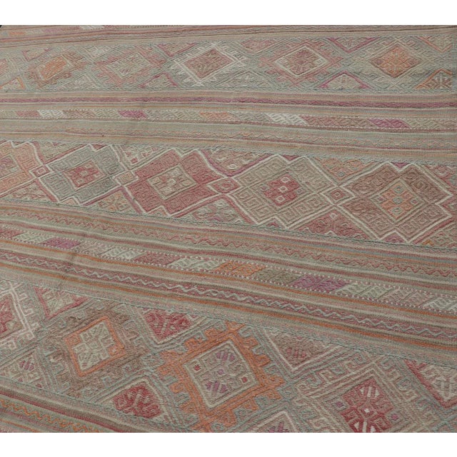 Tribal Colorful Vintage Embroidered Kilim With Stripes and Alternating Geometric Motifs 6'9 X 9'3 For Sale - Image 3 of 13