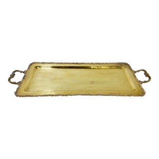 Vintage Rectangular Scrolled Edge Handled Brass Tray For Sale