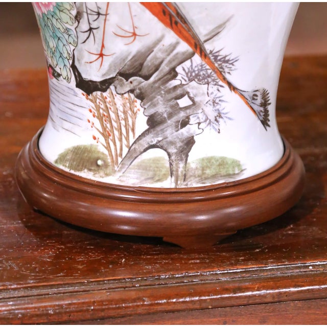 Pair of Mid 20th Century Chinese Famille Rose Porcelain Lamps With Birds, Flowers and Calligraphy For Sale - Image 10 of 14
