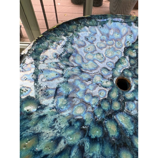 Curated Designer Set of 3 Large Teal Drip-Glazed Chinese Ceramic Garden Stools With Raised Garland Motif For Sale - Image 12 of 12