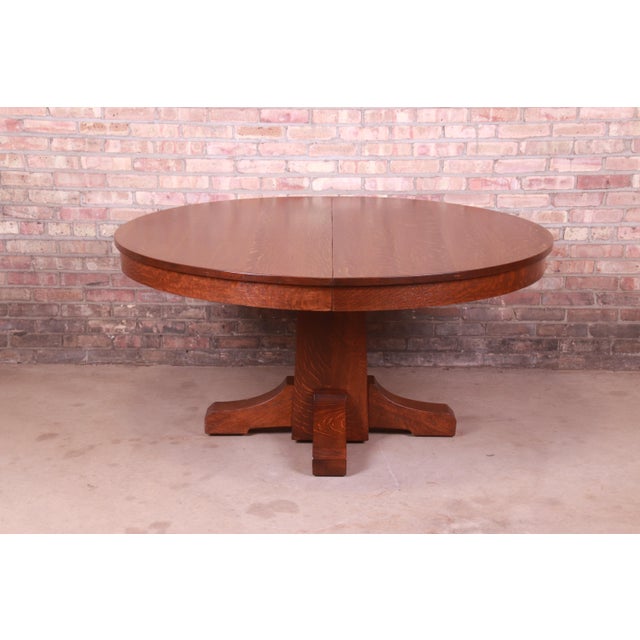 Antique Stickley Mission Oak Arts & Crafts Pedestal Dining Table With