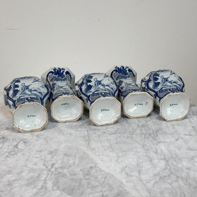 Set of Five 18th Century Dutch Delft Biblical-Themed Garniture Vases For Sale - Image 17 of 18