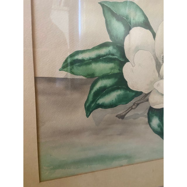 Blue 1952 Floral Still Life Watercolor by Nita Bradley – Magnolia & Blue Vase, Framed For Sale - Image 8 of 12