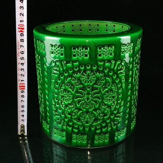 Green Late 20th Century Green Glazed Reticulated Porcelain Brush Pot For Sale - Image 8 of 8
