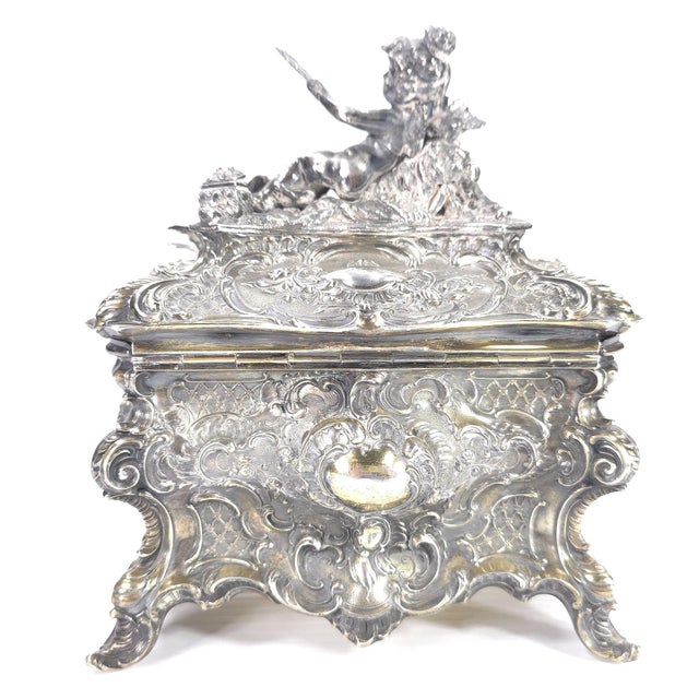 Victorian Gilded Age European Silver Rococo Jewelry Casket Topped With Angel Admiring Herself For Sale - Image 3 of 15