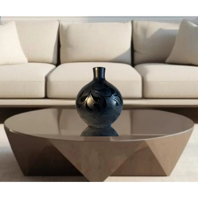 Large 16 In, Tall Bulbous Black Ceramic Leaf Design Vase For Sale - Image 13 of 14