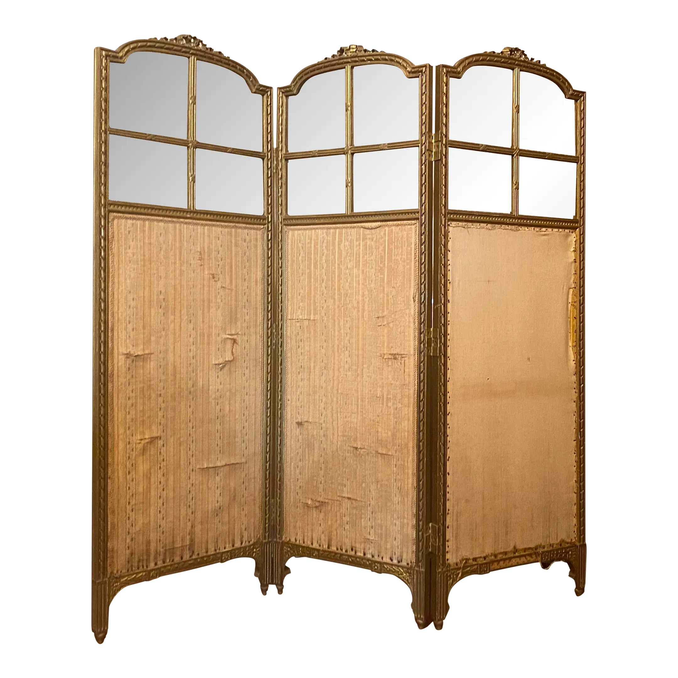 19th Century Carved Giltwood French Louis XV Style Three Panel Dressing  Screen With Beveled Glass