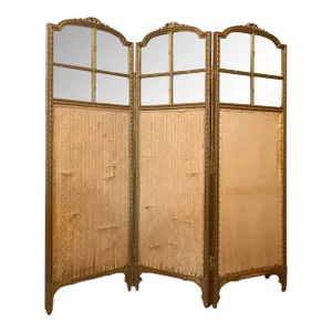 19th Century Carved Giltwood French Louis XV Style Three Panel Dressing Screen With Beveled Glass