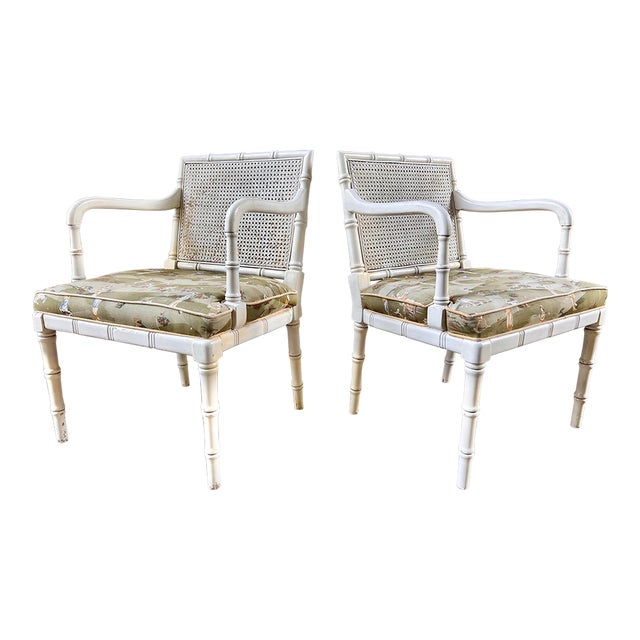 Late 20th Century Faux Bamboo and Cane Backed Armed Side / Accent Chairs in Off White With Upholstered Seat - A Pair For Sale