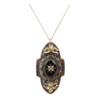 Art Nouveau Onyx Pearl and Gilt Brass Pendant Necklace For Sale