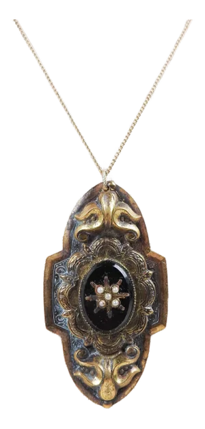 Art Nouveau Onyx Pearl and Gilt Brass Pendant Necklace