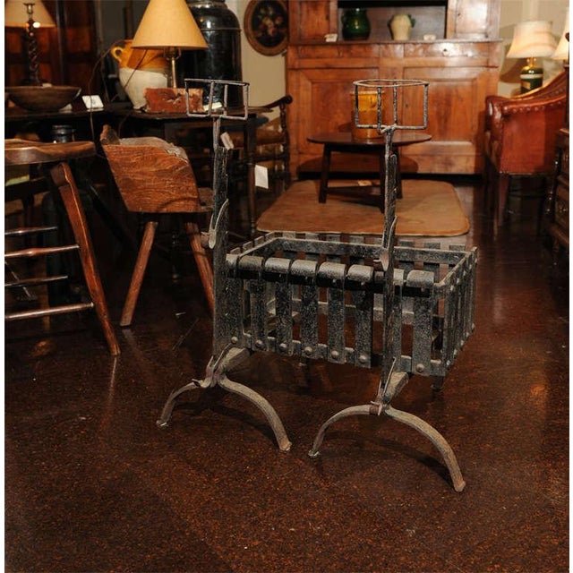 Metal 1880 English Iron Firedogs With Log Basket For Sale - Image 7 of 7