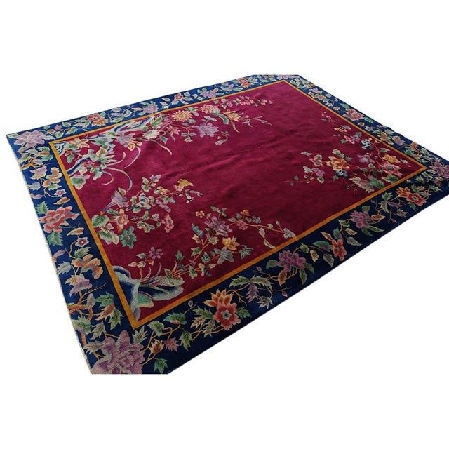Art Deco 1920s Red Open Field Antique Walter Nichols Chinese Wool Art Deco 8'10" X 11'2" For Sale - Image 3 of 9