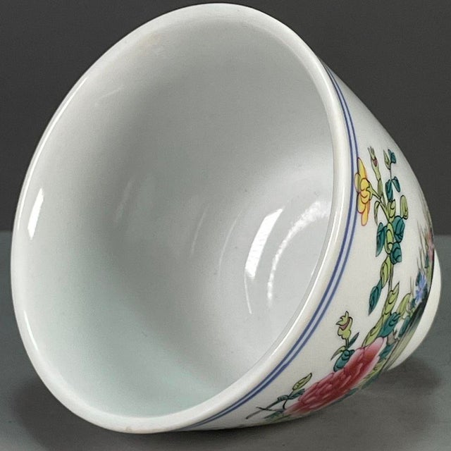 Vintage Wucai Porcelain Teacup – Bird, Bamboo & Peony Motif, Qianlong Mark For Sale In Los Angeles - Image 6 of 9