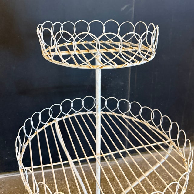 Antique White Wrought Iron Two Tiered Decorative Garden Plant Stand For Sale - Image 4 of 6