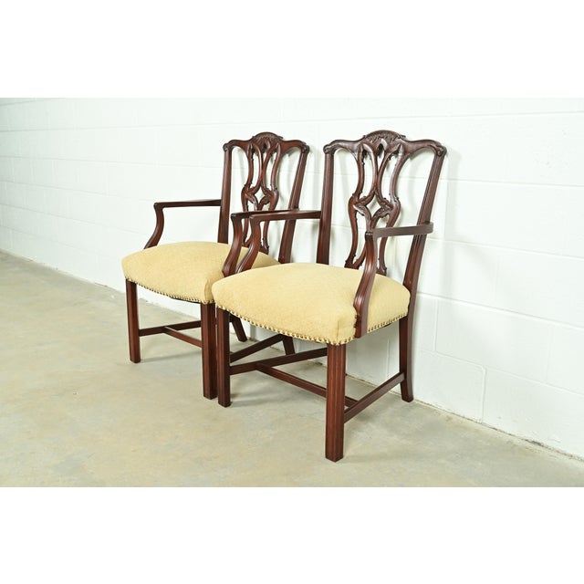 English Baker Furniture Style Georgian Carved Mahogany Armchairs or Dining Captain Chairs, Pair For Sale - Image 3 of 14