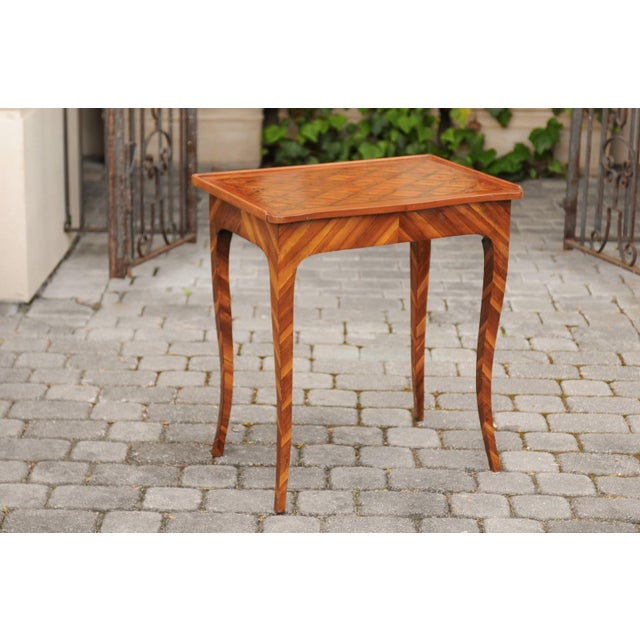 Early 19th Century Italian 1820s Walnut Side Table with Marquetry Top, Inlaid Legs and Side Drawer For Sale - Image 5 of 11