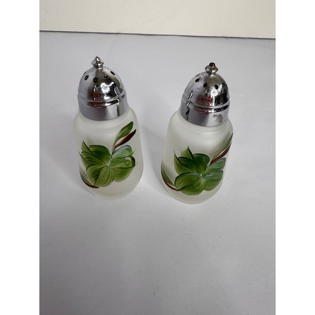 Beautiful vintage frosted glass condiment and serving set featuring hand-painted green leaf motifs. This charming set...
