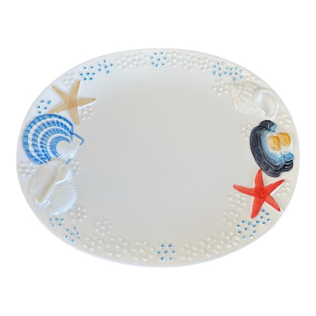 Vintage Italian Este Cermaiche Sea Shell Oyster Seafood Motif Small Oval Platter For Sale