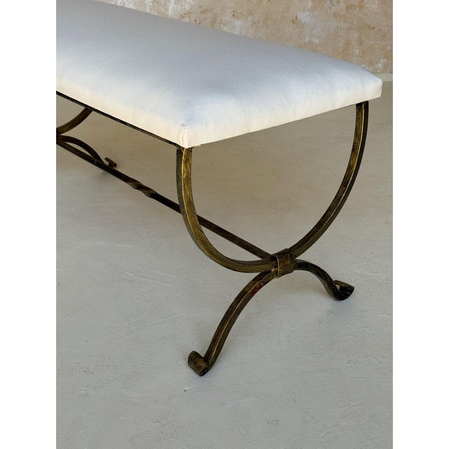 Metal Spanish Gilt Iron Bench With Scrolled Feet in Muslin For Sale - Image 7 of 12