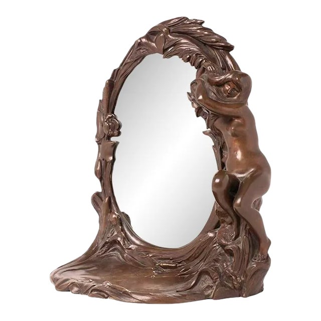 French Art Nouveau Bronze Table Top Mirror W/ Nude Female -C.1920s For Sale