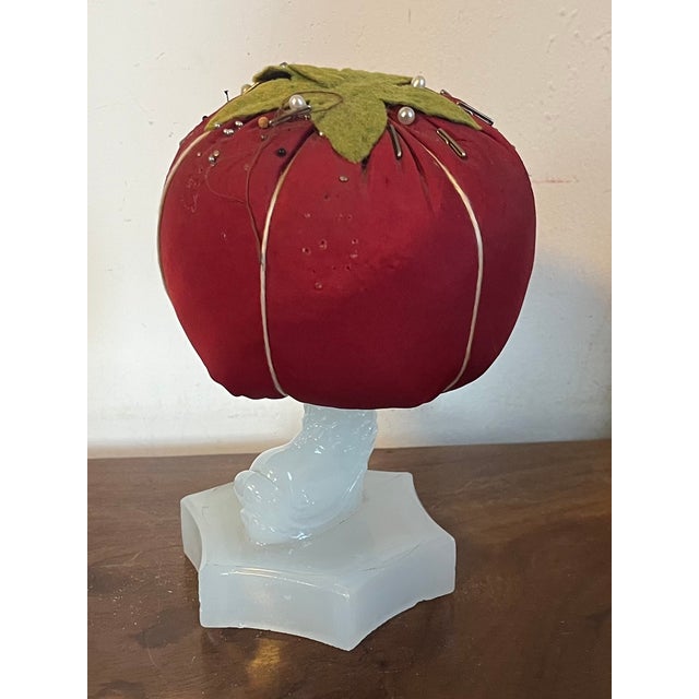 Early 20th C. Make-Do Tomato Pin Cushion on 19th C. Dolphin Sandwich Glass Stand For Sale - Image 15 of 16