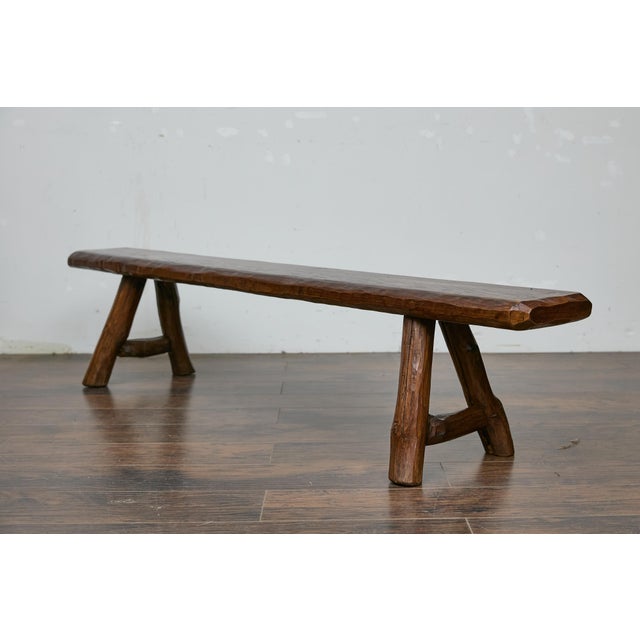 Rustic American Pine Bench with A-Frame Base, Long 20th-Century Design For Sale In Atlanta - Image 6 of 9