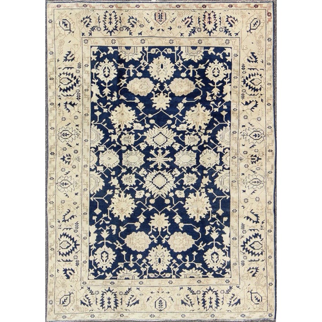 Turkish Oushak Rug With Floral Design in Dark Blue, Cream and Light Brown For Sale - Image 9 of 9