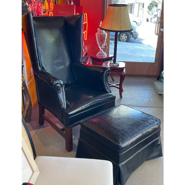 Patent Leather English Wingback Chair and Ottoman For Sale - Image 10 of 12