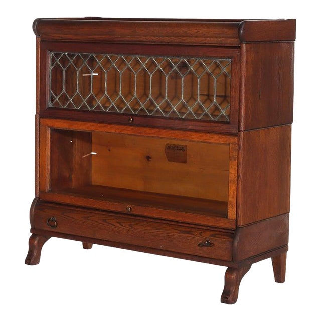 Lundstrom Oak 2-Stack Barrister Bookcase With Leaded Glass C1910 For Sale