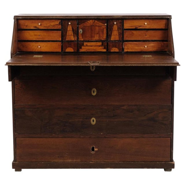 Antique Empire Oak Secretary Desk with Inlay and Brass Fittings, 1840s For Sale - Image 13 of 13