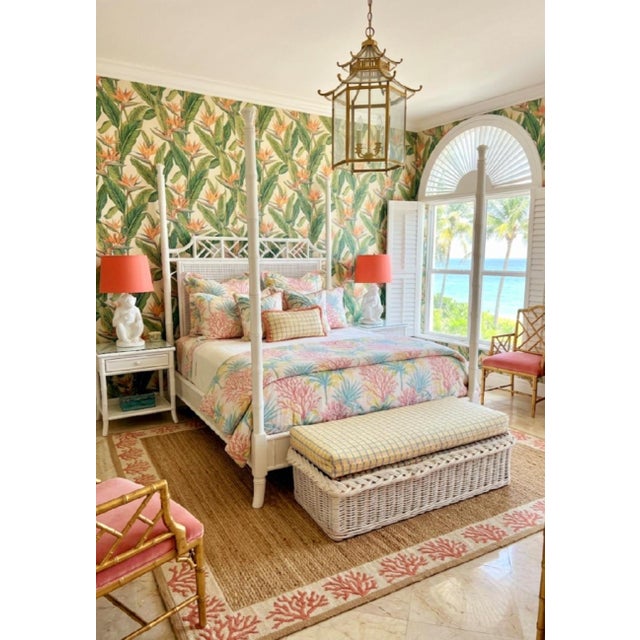 Vintage Huge Braided Off White Wicker Upholstered Yellow Blue Plaid Regency Bench For Sale In West Palm - Image 6 of 10