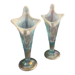 Mid 20th Century Jack in the Pulpit Aqua Opal Carnival Vase by Mosser Glass - a Pair For Sale