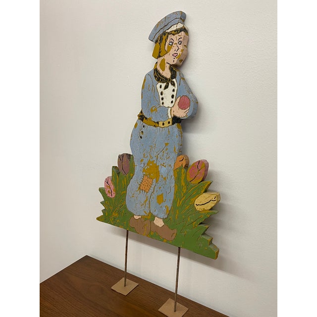 Blue Vintage Folk Art Painted Wood Garden Figure Sculpture on Stand, Hand Carved Decorative Cutout For Sale - Image 8 of 12