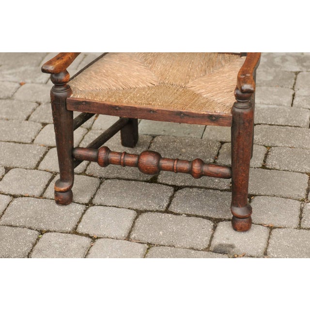 English English 1780s Oak William and Mary Style Open Arm Youth Chair with Rush Seat For Sale - Image 3 of 11