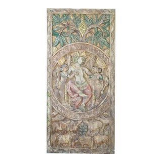 Vintage Colorful Krishna Barn Door, Hand-Carved India Art, 72x35 For Sale